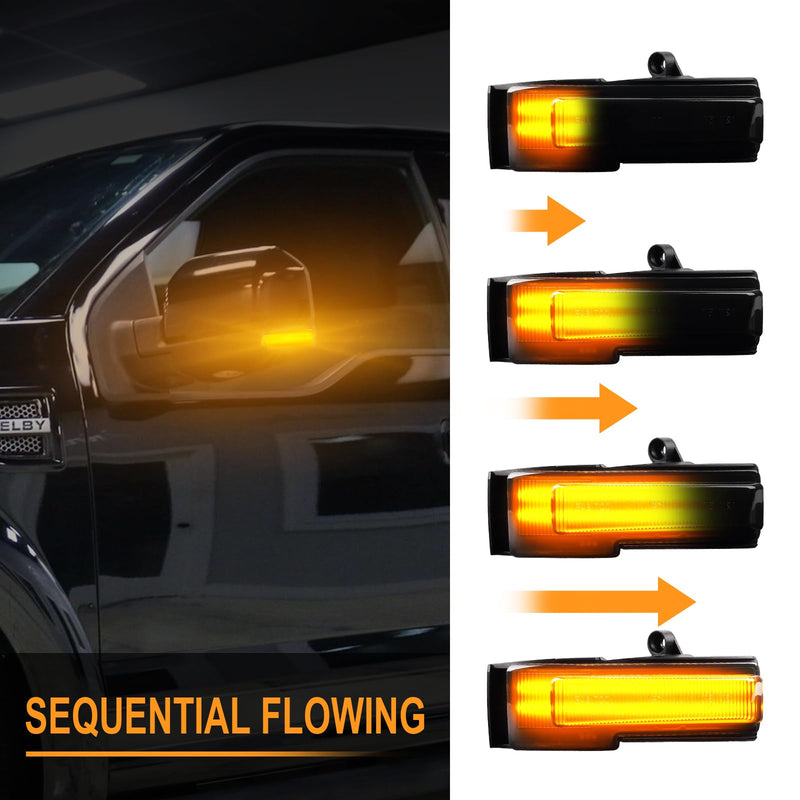 Sequential LED Mirror Turn Signal Lights Compatible with 2015-2020 Ford F150 Smoked Side Mirror Turn Signal Lights 2 Strip Full Amber Light OEM # :FL34-13B382A, GL74-13B382-A