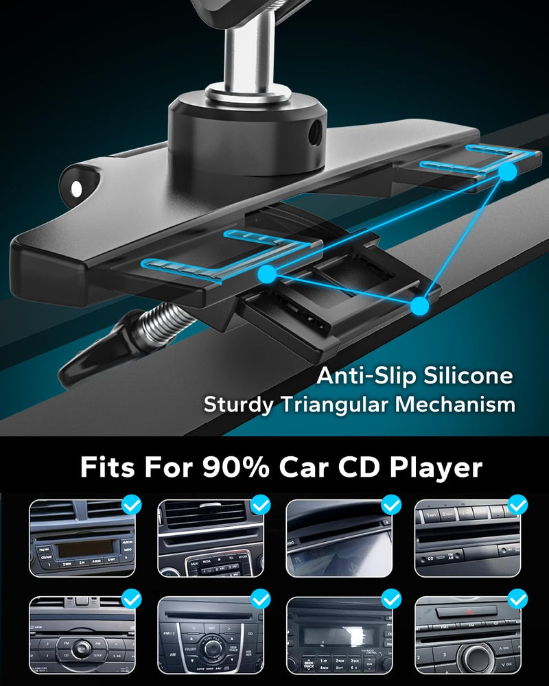 GDZN Car CD Slot Tablet Mount for 4.7"-13" iPad & Phone, Sturdy Metal Arm | Ultra Durable Anti-Shake CD Player Holder, Safe Unobstructed View, 360° Rotation Universal Cradle with Soft Silicone Pads
