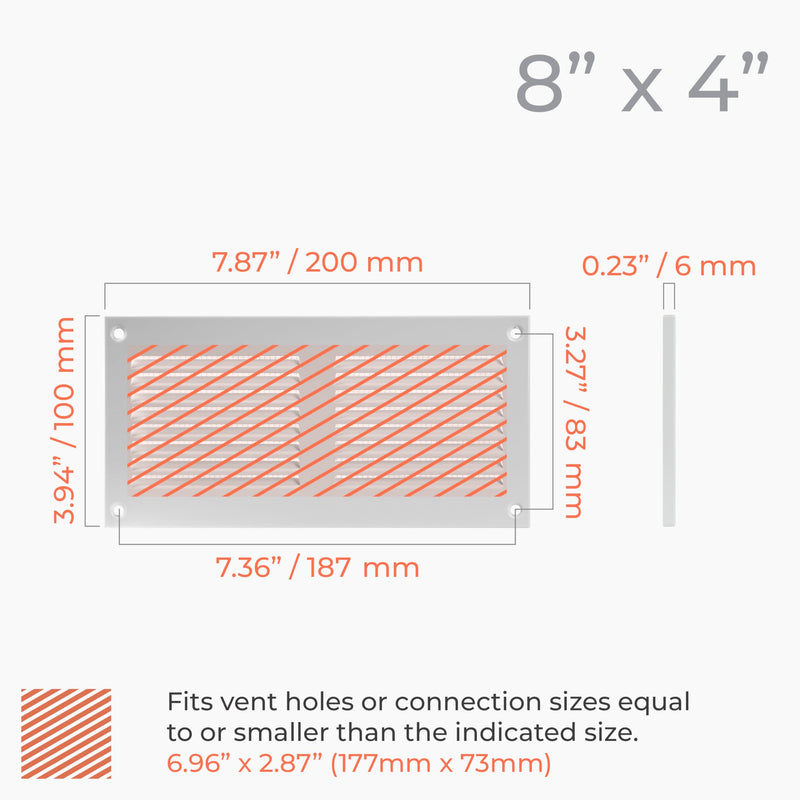 HVAC OV 8" x 4" Inch (External Dimensions) White Metal Ducting Grille with Mesh Screen Guard - Wall Register/Interior, Exterior Vent Cover - Soffit Vent/Gable Vent for Ventilation, Exhaust, Intake 8" x 4"