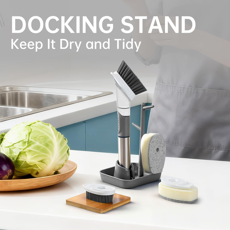 Soap Dispensing Scrub Brush - 4-in-1 Kitchen Cleaning Brush with Built-in Tank, Scraper Heads for Stubborn Grime on Pots Pans, Stand/Hang Storage-Grey 5 Gray