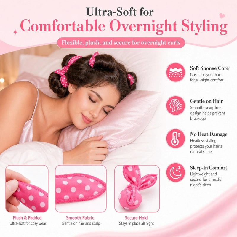  [AUSTRALIA] - 18 Pcs No Heat Hair Curlers, Soft Satin Pillow Rollers For Women, DIY Set | Sponge Rollers For Overnight Styling; Six Polka Dot And Leopard Designs; For Long And Short Hair; Natural-Looking Waves