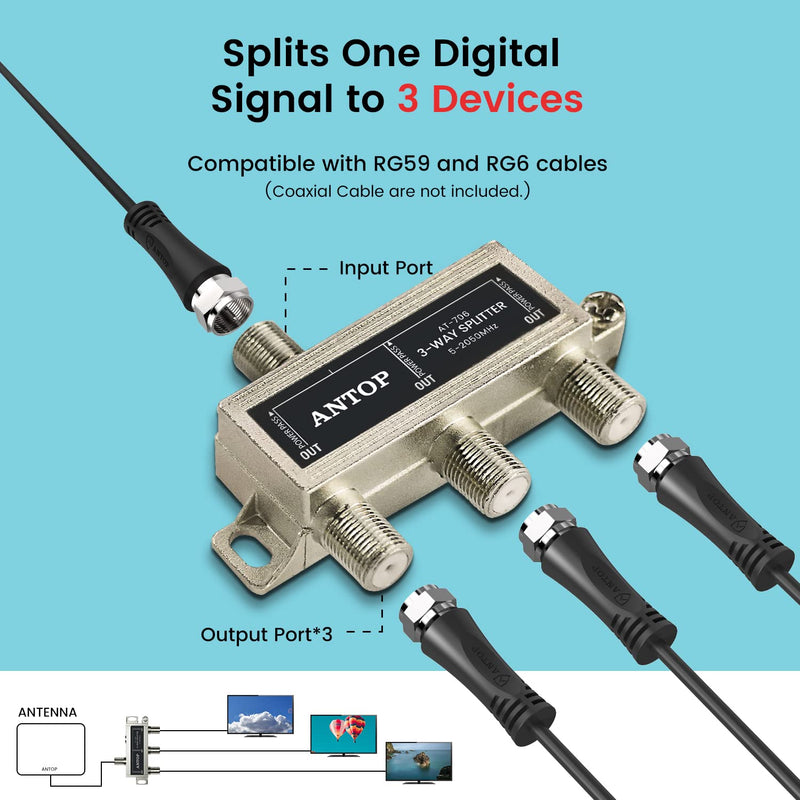  [AUSTRALIA] - 3 Way TV Signal Splitter,ANTOP Digital Coax Cable Splitter 2GHz- 5-2050MHz High Performance for Satellite/Cable TV Antenna