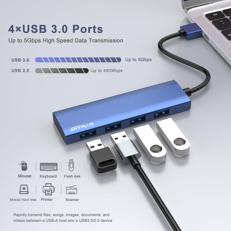 USB Hub, USB 3.0 Hub Aluminum Alloy Ultra Slim USB Splitter, Portable 4 Port USB Extender, USB Hub for Laptop, PC, MacBook, iMac, Surface Pro, Mac Pro, Flash Drive, XPS 【Blue】 0.8 Ft/0.25M Blue-Aluminum Alloy