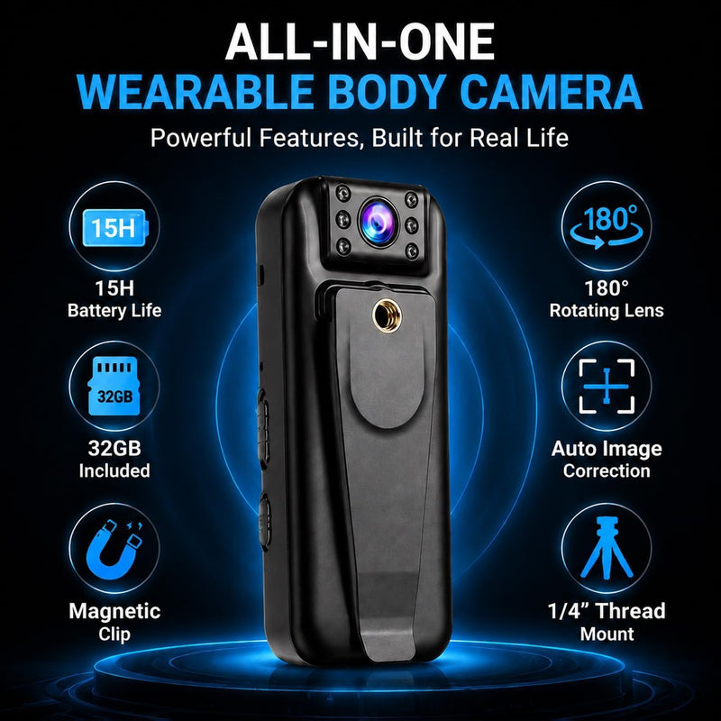 2K Body Camera with 15H Battery, 180° Rotating Lens, Auto Image Flip, Wearable POV Camera with 32GB Card, Magnetic Clip & 1/4 Mount for Cycling, Travel, Vlogging & Outdoor Adventures