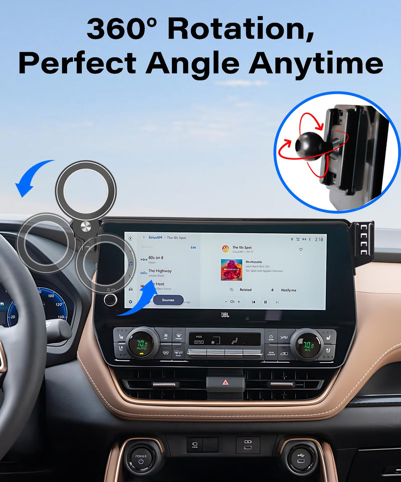 Car Phone Holder for Toyota Grand Highlander/ Hybrid 2024-2026 Accessories | 12.3" Screen Clip-On MagSafe Strong Magnetic Cell Phone Mount, Dual Slots for Driver & Passenger,360° Rotatable Hands-Free for 2024-2026 Grand Highlander (12.3" Screen)