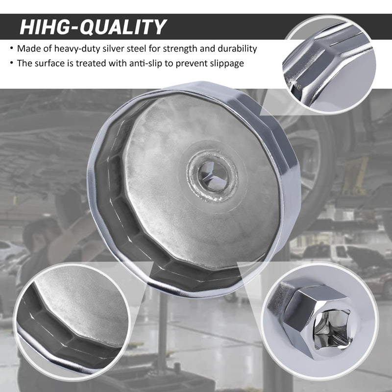 74mm 14Flutes Oil Filter Cap Wrench Removal Tool Socket Compatible with Mercedes Benz, Audi, Sprinter, VW, Porsche, Volkswagen, Mazda, Heavy-Duty Silver Alloy Steel