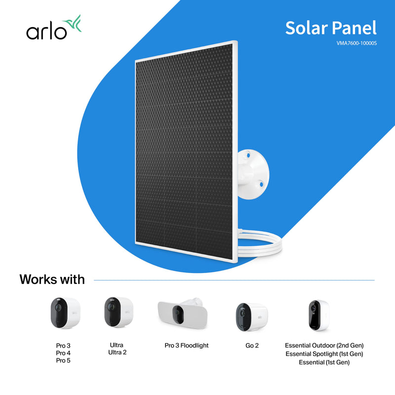 Arlo Solar Panel Charger (White), Arlo Certified Accessory, Weather Resistant, Easy Install (2025 Released), Works with: Essential Series, Go 2, Pro 3/4/5S/6/6 XL, Ultra Series, Wireless Floodlights White