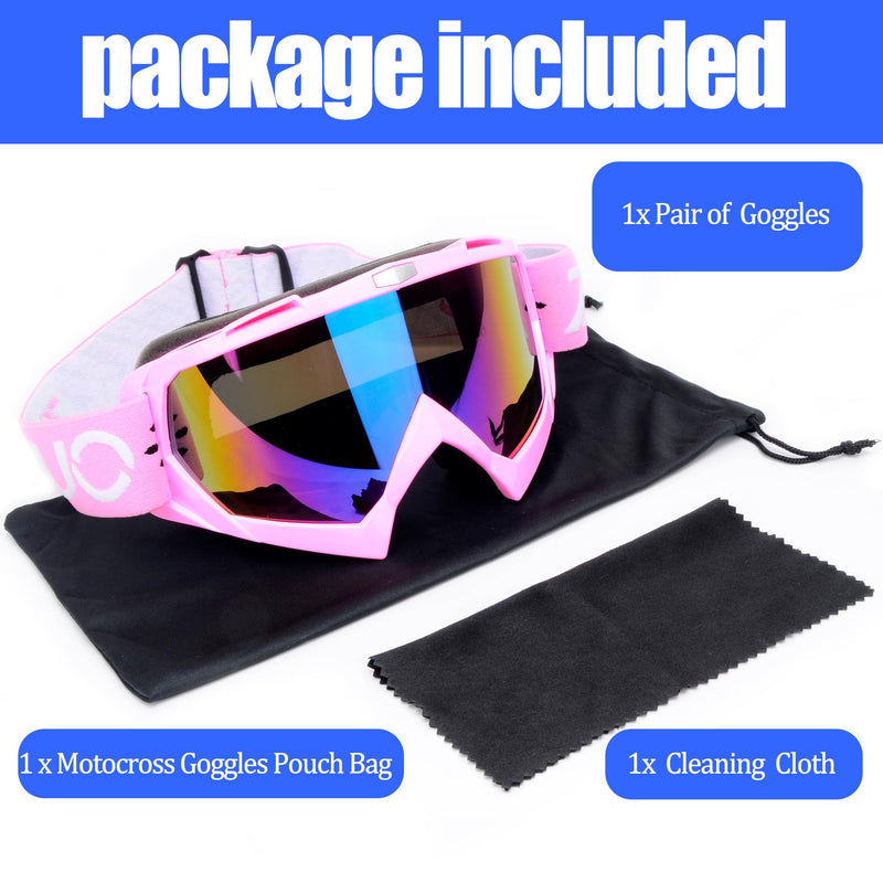 Dirt Bike Goggles ATV Goggles Motocross Off Road Goggles Motorcycle Riding Racing MX UTV Goggles Windproof Dustproof Scratch Resistant Anti UV Goggle for Adults Men Women and Youth Pink Frame+color Lens