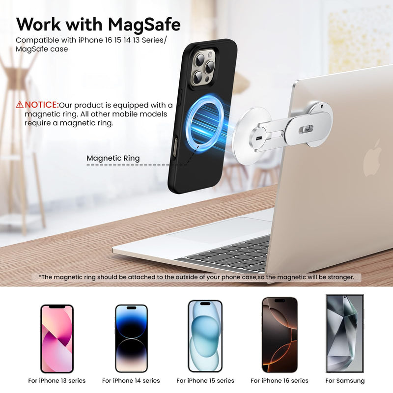  [AUSTRALIA] - Laptop Phone Holder, Magnetic Phone Stand 15W Fast Wireless Charger for MagSafe for iPhone 17/16/15/14/13/12 & All Phones for Tesla (Silver) Silver