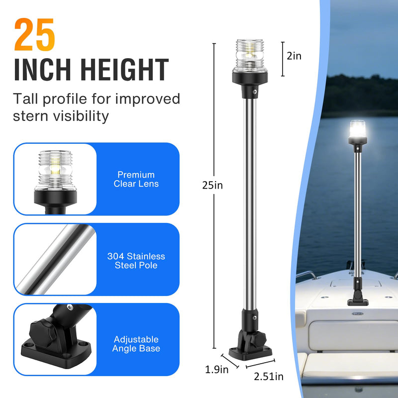 25 Inches Boat Stern Light Anchor Light, White Folding Rear Boat Running Lights, Waterproof Marine Navigation Lights for Boats LED for Small Boats (12-24V) 25 Inches