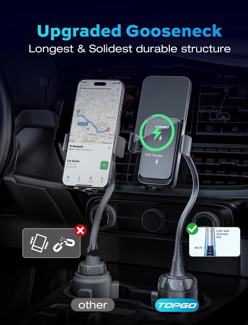 Dual Coil Cup Phone Mount Wireless Charger, Universal Cell Phone Holder, Cup Holder 15W Fast Charging for iPhone 17 16 Pro Max, Samsung Galaxy - Black Wireless Charger Mount