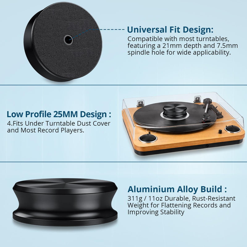 Vinyl Record Weight Turntable Stabilizer 311g | Aluminum Clamp,25mm low profile,7.5mm spindle hole,felt pad,mini bubble level,fits most turntables