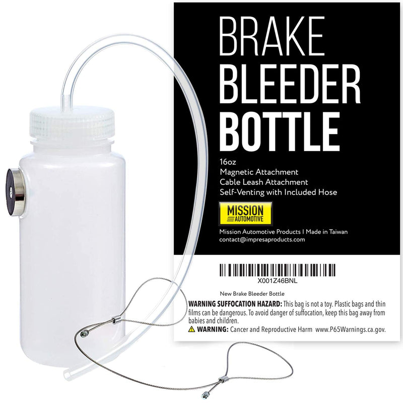 Mission Automotive Brake Bleeder Kit - 16 Oz, White - Brake Fluid Bleed Kit & Magnetic Bleeder Bottle with Lanyard
