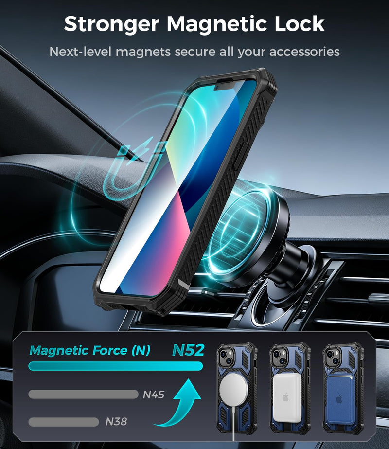 Magnetic for iPhone 13 Case/iPhone 14 Case with Screen Protector, Blue | Invisible Kickstand & Compatible with MagSafe, 3-in-1 Full Body Military Grade Heavy Duty Protective Phone Cover for Men For iPhone 13/14