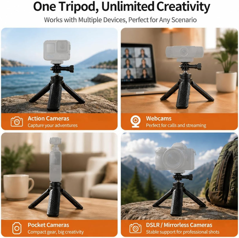 Mini Tripod for DJI Osmo Pocket 4/3/2 – Foldable Desktop & Hand Grip Stand, Compatible with GoPro, Insta360, Action Cameras, Smartphones, Portable 1/4″ Screw Mount for Vlogging & Photography