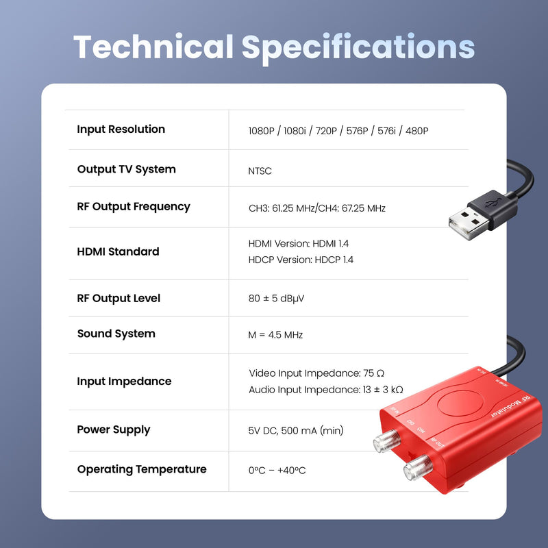 HDMI to RF Modulator with 1.2M HDMI Cable & Power Adapter,Plug and Play Coax RF Converter for TV, 1080P PLL Control NTSC Output CH3/CH4 RF Converter for Antenna TVs and Game Consoles（red）