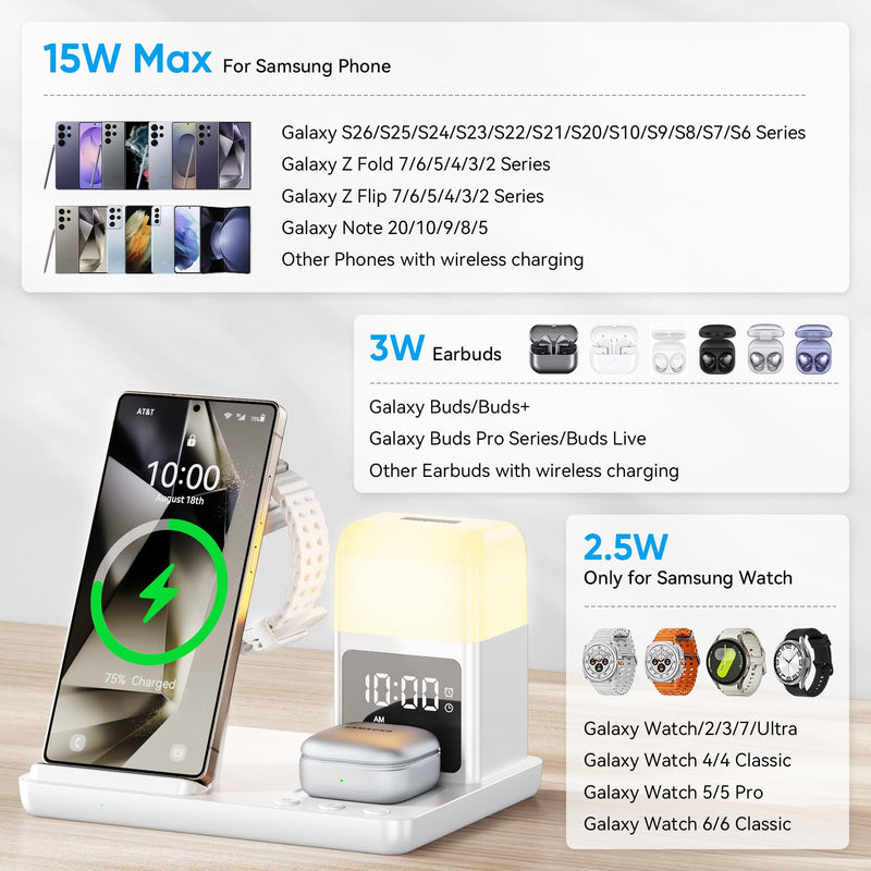 6 in 1 Wireless Charging Station for Samsung Android with Clock & Night Light,Alarm Clocks for Bedrooms,Wireless Charger Beside Clock for Galaxy S26 S25 S24 Ultra Galaxy Watch Buds White