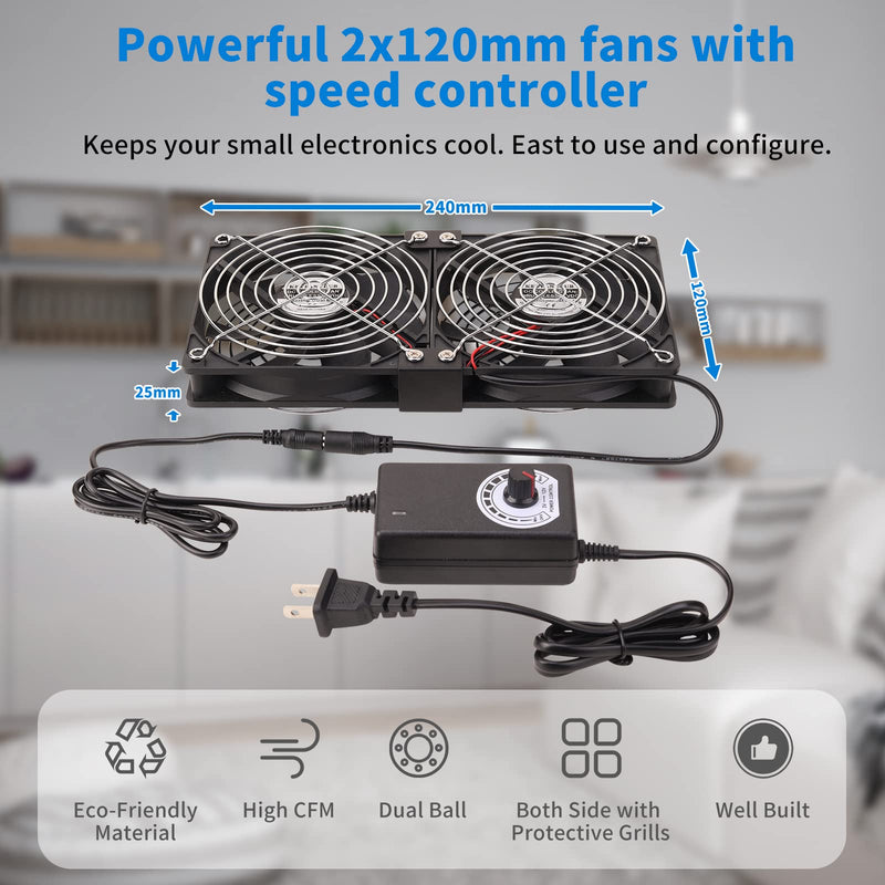 Dual 120mm High CFM Computer Fans with AC Plug, AC 110V - 240V Variable Speed Fan, Cooling for Server Closet Cabinet Mining Machine Chassis Workstation