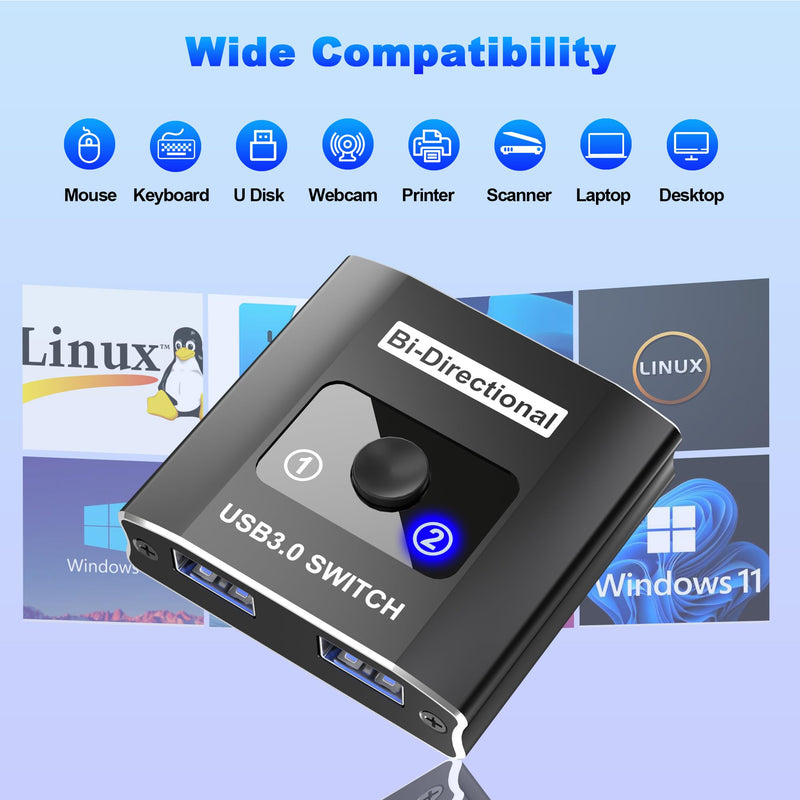 USB 3.0 Switch, Bi-Directional USB Switch 1 in 2 Out/ 2 in 1 Out, Aluminum USB Switcher 2 Computers Share USB Devices for Printer, Keyboard, Scanner, Mouse, Compatible with Win/Mac/Linux USB Switch Only