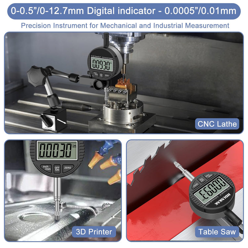 HDLNKAK Electronic Digital Dial Indicator Gauge 0-12.7mm/0.5” Inch/Metric Conversion, High Precision Probe with 0.01mm/0.0005” Resolution for Testing. 0.5”Dial Indicator