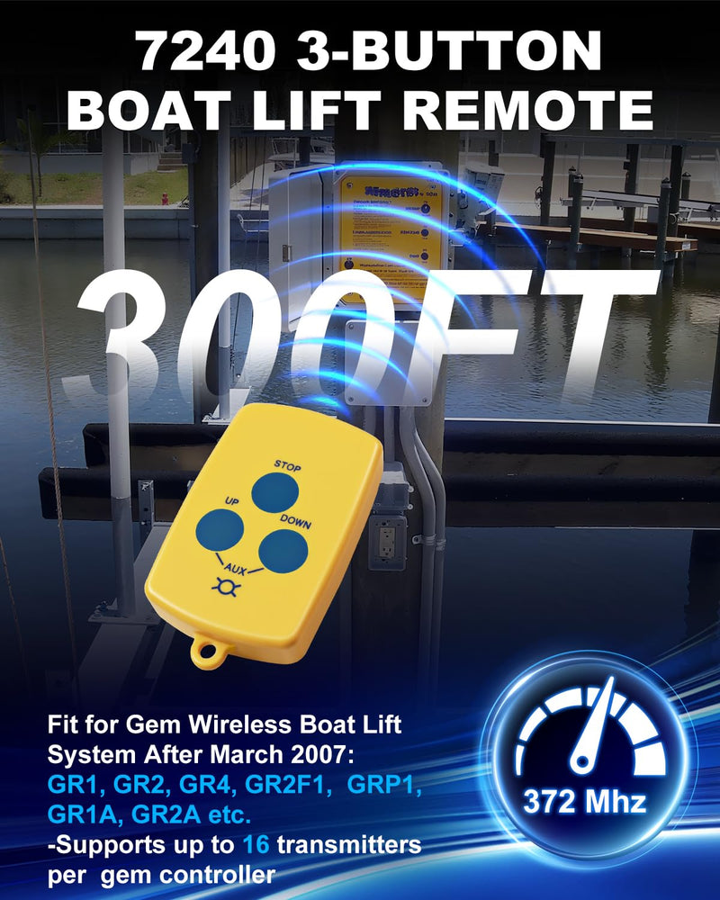 3-Button Boat Transmitter for Gem Wireless Boat Lift Systems Post-March 2007, 372MHz, 300FT Long Range, Water-Resistant & Floats, SP-7240, 5-Year Free Replacement