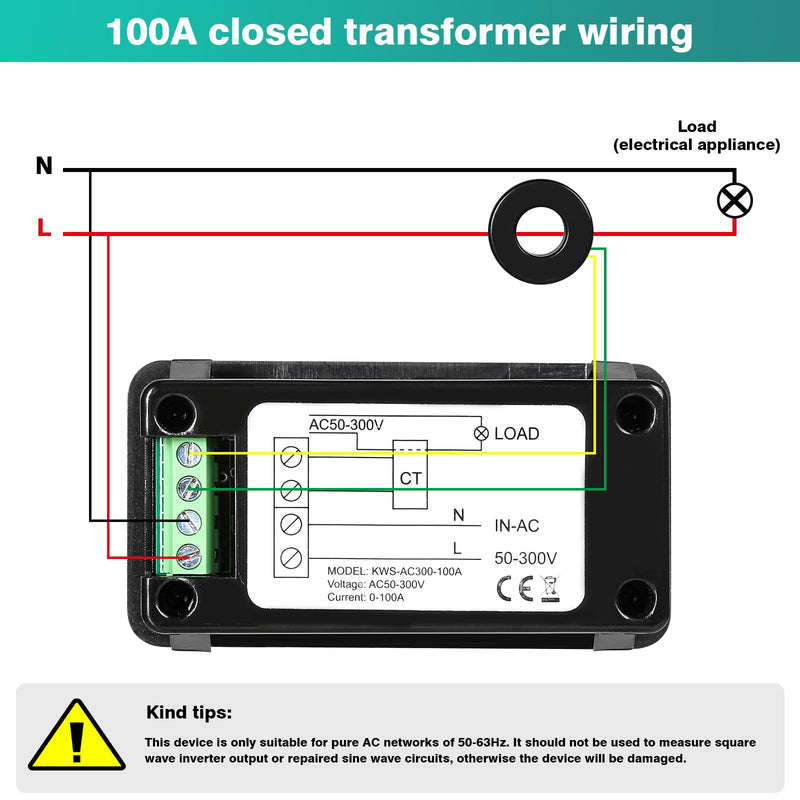 Jadeshay Digital Voltmeter Ammeter Multimeter Panel, AC 50-300V 0-100A LCD Voltage Current Meter Power Energy Meter with Closed Transformer KWS-AC300