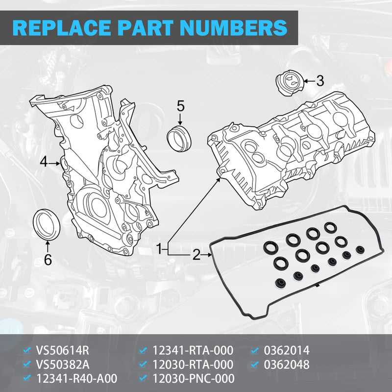 Valve Cover Gasket Set - Compatible with 2.0L 2.3L 2.4L 2002-2015 Honda Accord, Civic, CR-V, Element, Crosstour, Acura CSX, ILX, RDX, RSX, TSX - Replace VS50614R, 12341-R40-A00