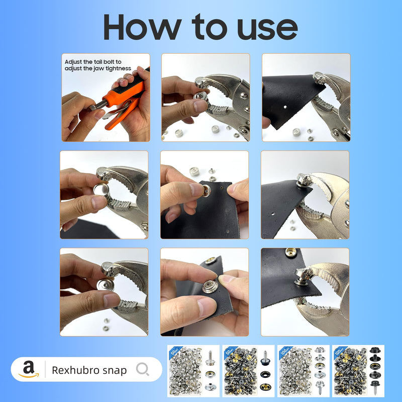 Snap Fastener Tool,Snap Tool for Boat Covers, Heavy Duty Snap Setter Pliers Canvas Snap Fasteners Kit Includes 60 Sets 15mm Stainless Snaps Blue