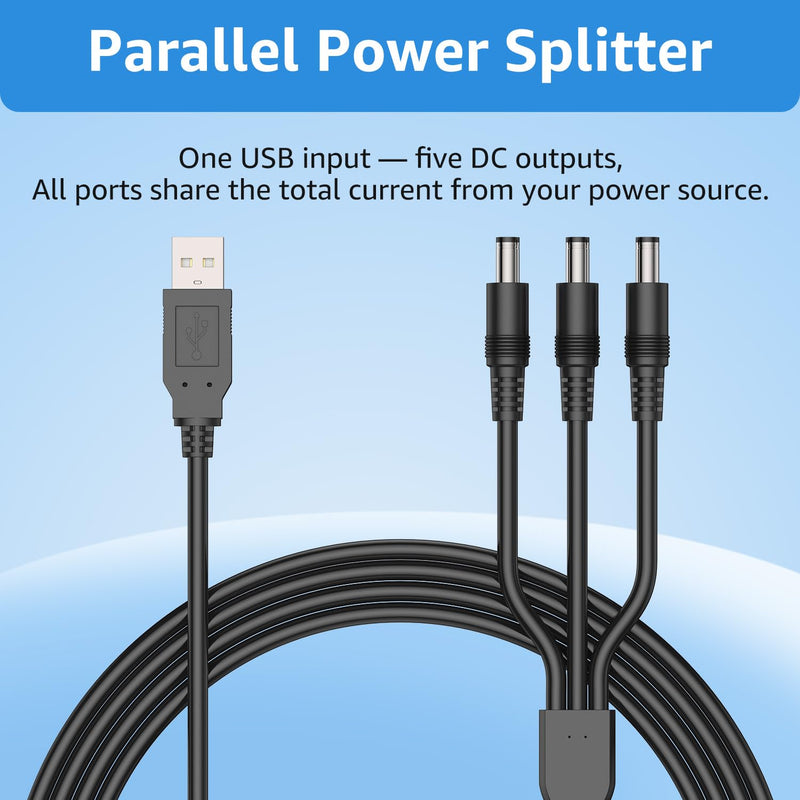 2.3ft 18AWG Parallel USB to Triple DC 5.5x2.1mm Splitter Cable | For powering three DC devices from a single USB port, mini routers, small desk fans, LED strip lights, compatible electronics Black USB to DC 1 to 3