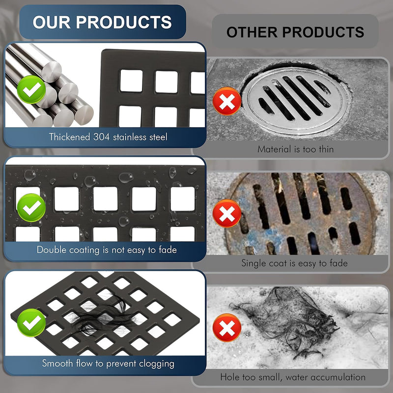 Uni-Green 3-3/4 inch Square Shower Drain Grate - 3.75" Matte Black Shower Floor Drain Cover Replacement - SUS304 Stainless Steel Hair Catcher/Drain Strainer for Bathrooms, Showers