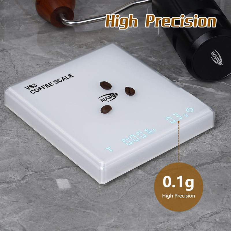 IKAPE Digital Coffee Scale with Timer, 2kg/0.1g High Precision Rechargeable Drip Espresso Scale with Tare Function, LED Display(White) White