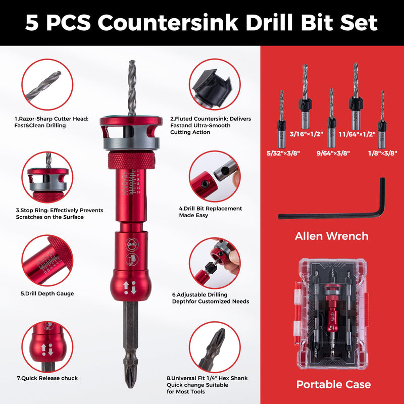 Countersink Drill Bit Set 9-Piece - 82° TCT Carbide Bits | Adjustable Depth Stop, 1/4" Hex Shank for Woodworking, Wood, Plywood, MDF, Metal, Plastic + Storage Case & Wrench Countersink Drill Bit -PRO