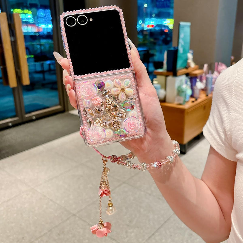 Changjia for Samsung Galaxy Z Flip 8 5G Glitter Bling Case,Cute 3D Sparkle Pearl Butterfly Crystal Rhinestones Flowers Diamonds Gems with Lanyard Wrist Strap Women Girls Case for Galaxy Z Flip 8,Pink Pink