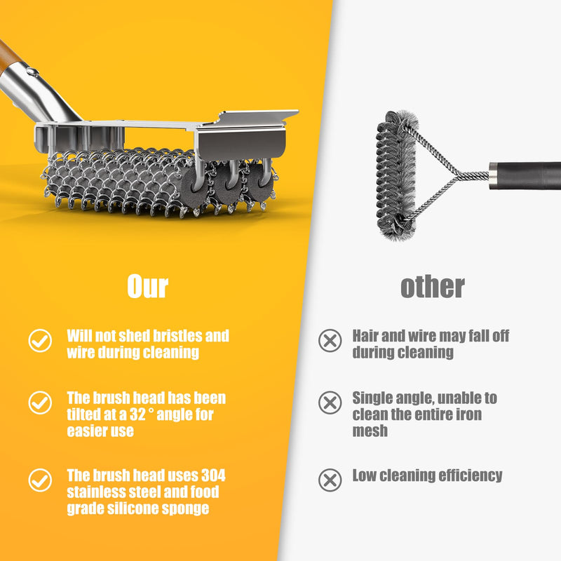 HOUSE AGAIN Grill Brush Bristle Free, 304 Stainless Steel Food-Grade Brush Head with Scraper, Safe BBQ Outdoor Grill Cleaning Brush Strong Barbecue Brush Cleaner Non Wire for Grill Grate/Wooden Handle Wood
