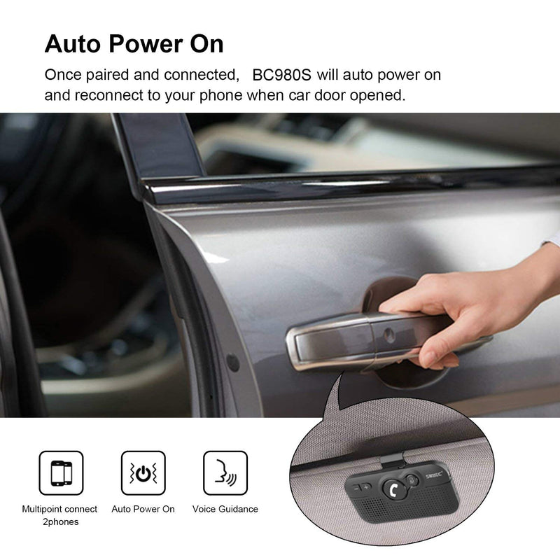 Handsfree Bluetooth Car Kit for Cell Phone,Wireless Speaker for Car | AUTO Power On Off Reconnect, Support Siri Google Voice Assistant Hands Free Phone Speakerphone with Visor Clip - BC980SA Black
