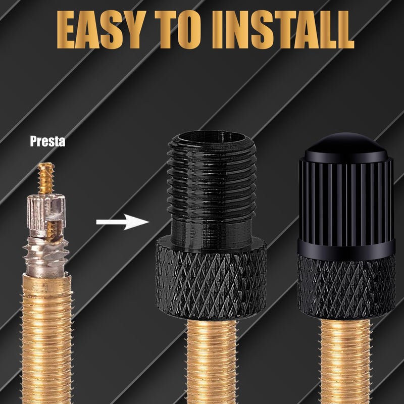 2PCS Presta Valve Adapter, Aluminum Convert Presta to Schrader Adaptor, Inflate Tire Using Standard Pump or Air Compressor for Bikes, 2 x Black Tire Valve Caps(Reticulated Grain Style, Black) 2 pcs + 2 caps 2PCS Black Reticulated Grain Style + 2 Caps