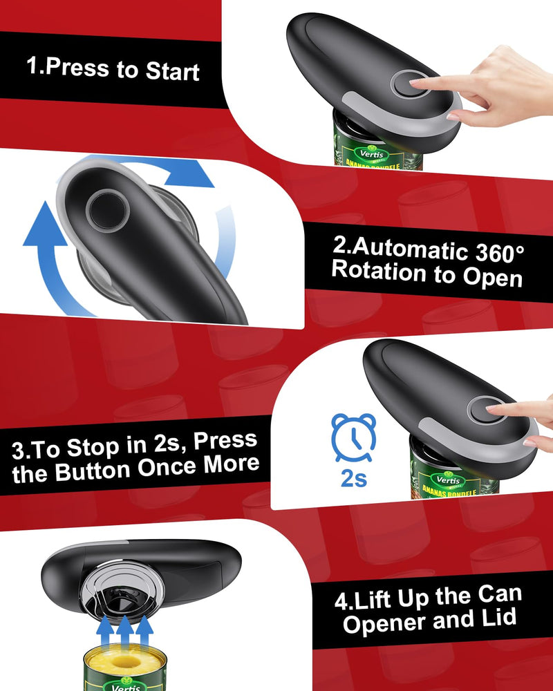 One Touch Electric Can Opener Fits All Can Sizes, Electric Can Openers for Kitchen Food Safe with Smooth Edge, Kitchen Gadgets Automatic Can Opener for Seniors, Arthritis and Chef（Black) Black