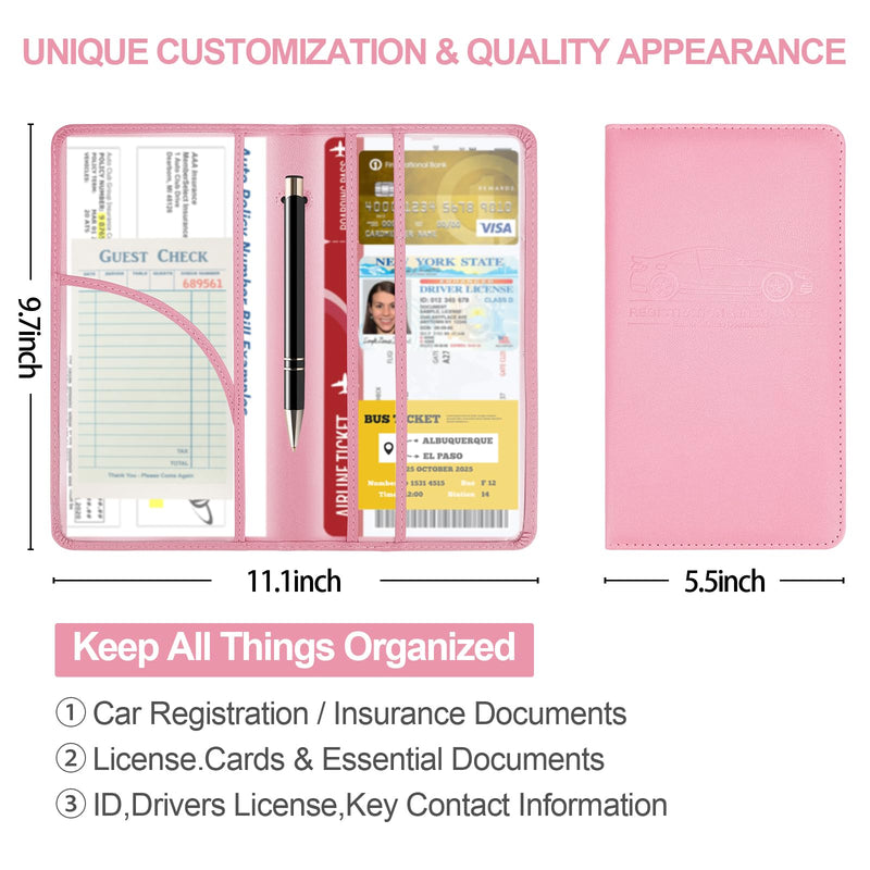 PLOJOP Car Registration and Insurance Card Holder, Leather License Document Pink Glove Box Compartment Organizer, Car Wallet Case for Essential Info, License Cards, ID Card L