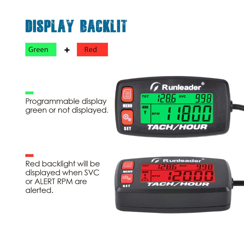 Runleader Hour Meter Tachometer,Maintenance Reminder,Alert RPM,Backlit Display,Initial Hours Setting,Battery Replaceable,Use for ZTR Mower Generator Marine ATV and Gas Powered Device. (Button-Red) Button-Red