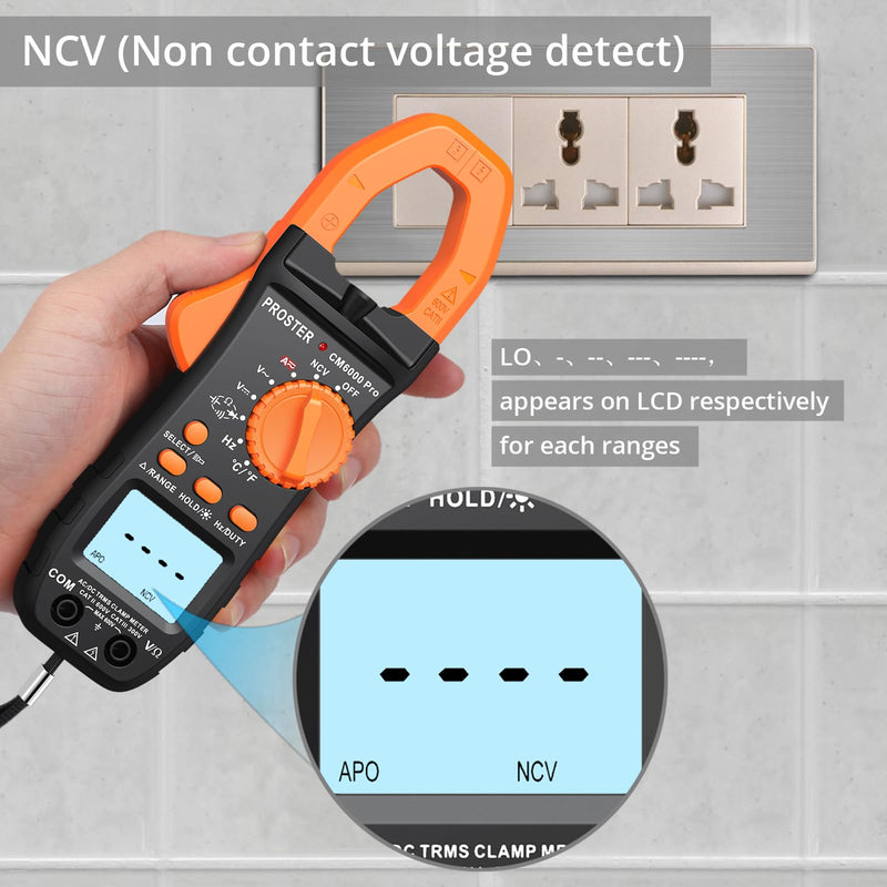 Proster Digital Clamp Meter 6000 Count - 800A DC AC Current Ammeters AC/DC Voltage Multimter, TRMS NCV Continuity Capacitance Resistance Frequency Diode Hz Tester, with Test Leads, Alligator Clips Black 6000Counts