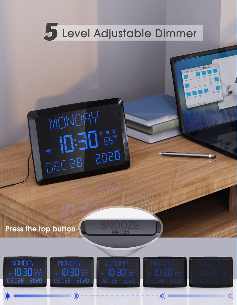 11.5" Large Display Digital Calendar Clock for Seniors, Digital Clock with Date and Day of Week for Elderly, 3 Alarms, 5 Dimmer, Temperature, Alarm Clock for Bedroom Living Room Blue Font