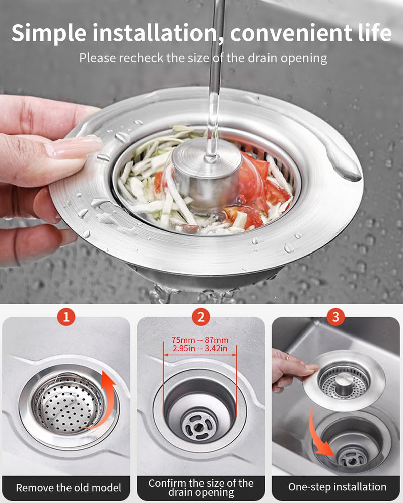 3 in 1 Kitchen Sink Drain Strainer [304 Stainless Steel Pop Up] Anti-Clogging Kitchen Sink Drain Stopper Stainless Steel Drainage Odor Filter Sink Plug for Us Standard 3-1/2 Inch (2 Pack) SUS304 Drain Strainer-2Packs