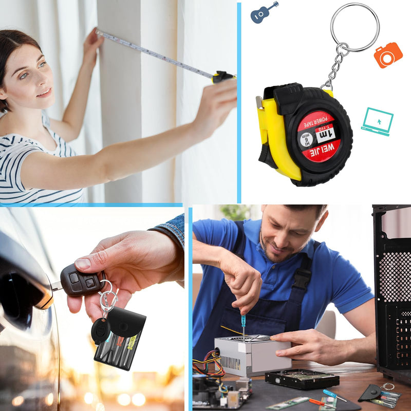 Jutom 36 Pcs Mini Screwdriver Keychain Retractable Measure Tape LED Lights Keychain Set Back School Gifts Bulk for Adult Men (Black) Black