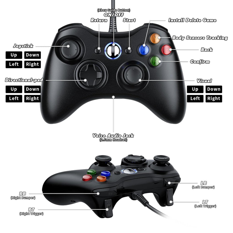 Gamrombo Wired Controller for Xbox 360, Gamepad Compatible with Xbox 360/360 S/360 E, PC Windows 11/10/8/7，2.5mm headphone Jack
