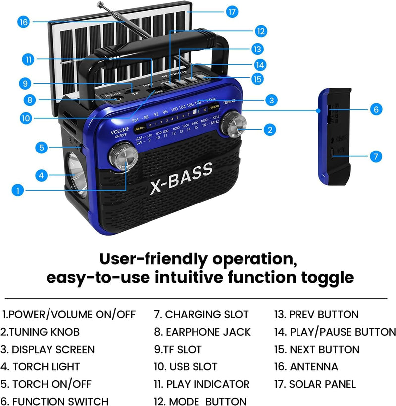 Xbass Stereo Sound Radios Portable AM FM SW Solar Bluetooth Radio with Emergency Flashlight Support USB/TF Player,D Battery Operated/USB Charge,Digital Tuner & Earphone Jack for Outdoor/Indoor/Home