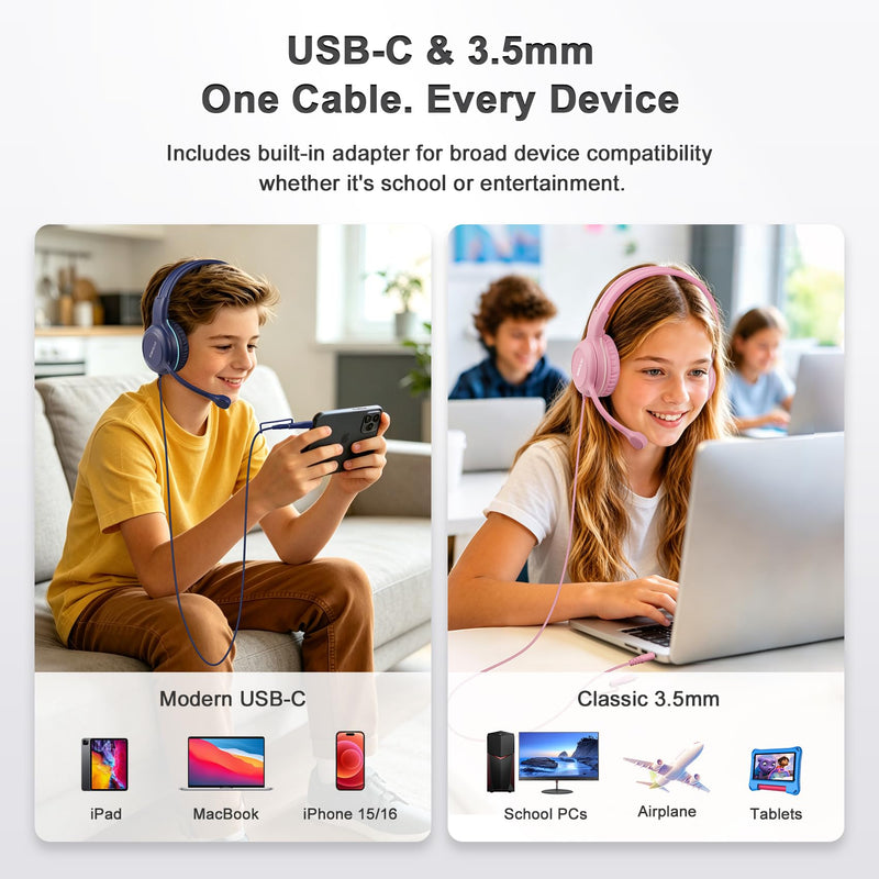 SIMOLIO-USB-C-Wired-Headphone for-School with Boom-Microphone & Mute Button | Portable Over-Ear Kids Gaming Headsets with 3 Level Safe Volume,Bag for Students K12,Boys,Travel,iPad,Galaxy,iPhone,Tablet