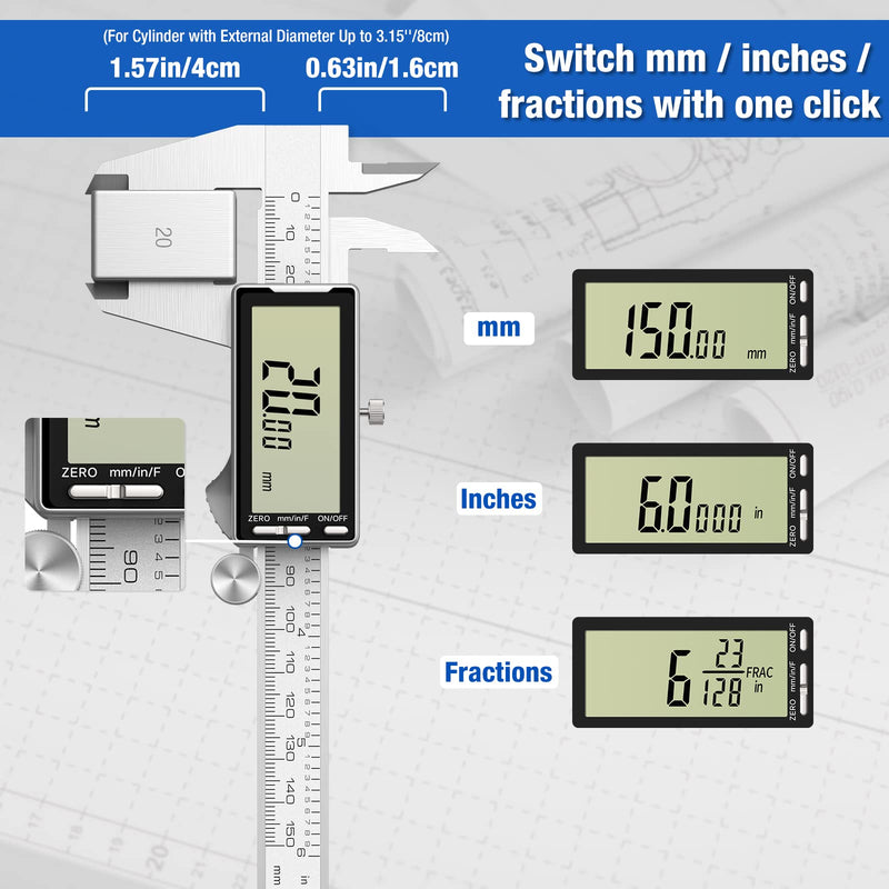 Electronic Digital Caliper 6", Professional Precision Micrometer Calipers, ±0.001"/0.02mm Accuracy, Large LCD Display, Stainless Steel Diameter Measuring for Woodworkers/Jewelers/DIY Projects 6inch