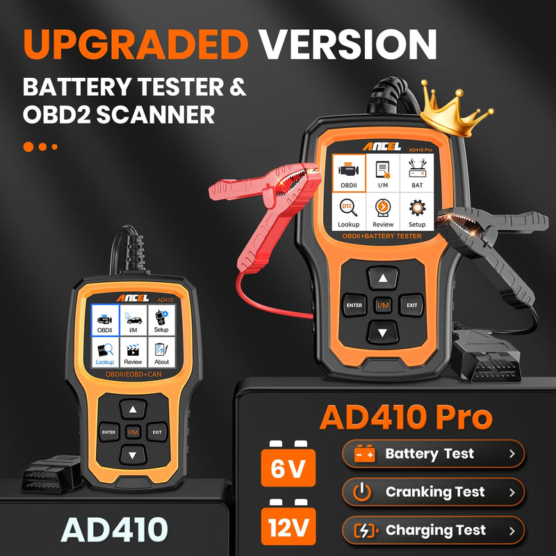 ANCEL AD410 PRO OBD2 Scanner and Battery Tester,2-in-1 Car Diagnostic Tool,Check Engine Light,EVAP Test,Live Data,6V/12V Battery Analyzer with Cranking & Charging System Test for Car Motorcycle yellow