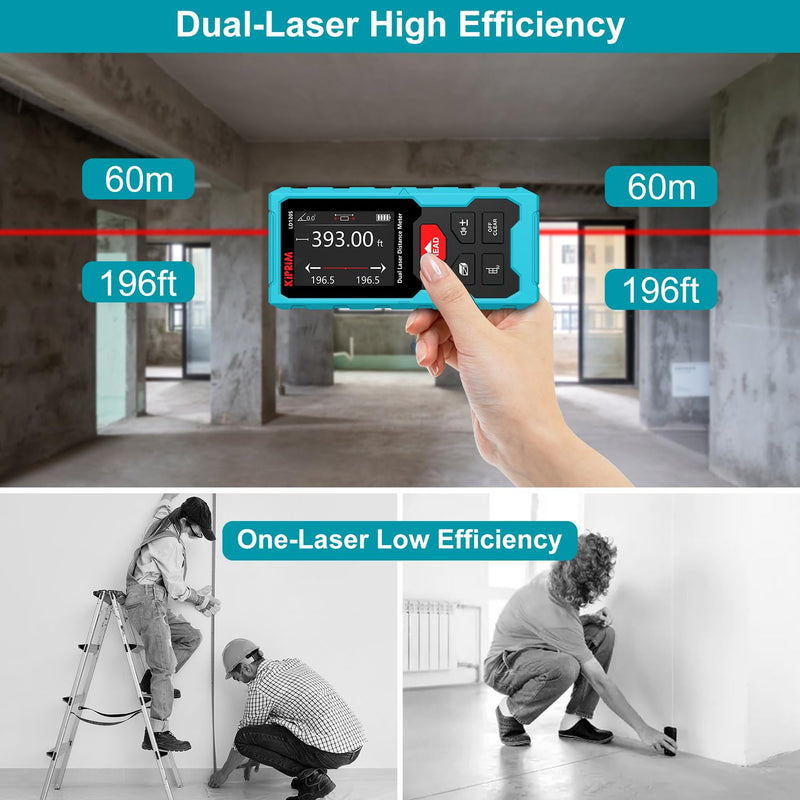 Kiprim 393ft Dual Laser Distance Measuring Tool LD120S, 120m Total Range, Electronic Level, Precise Measurements, and Pythagorean Function - Ideal for Construction, DIY, and Home Renovation 393ft(Dual Laser)
