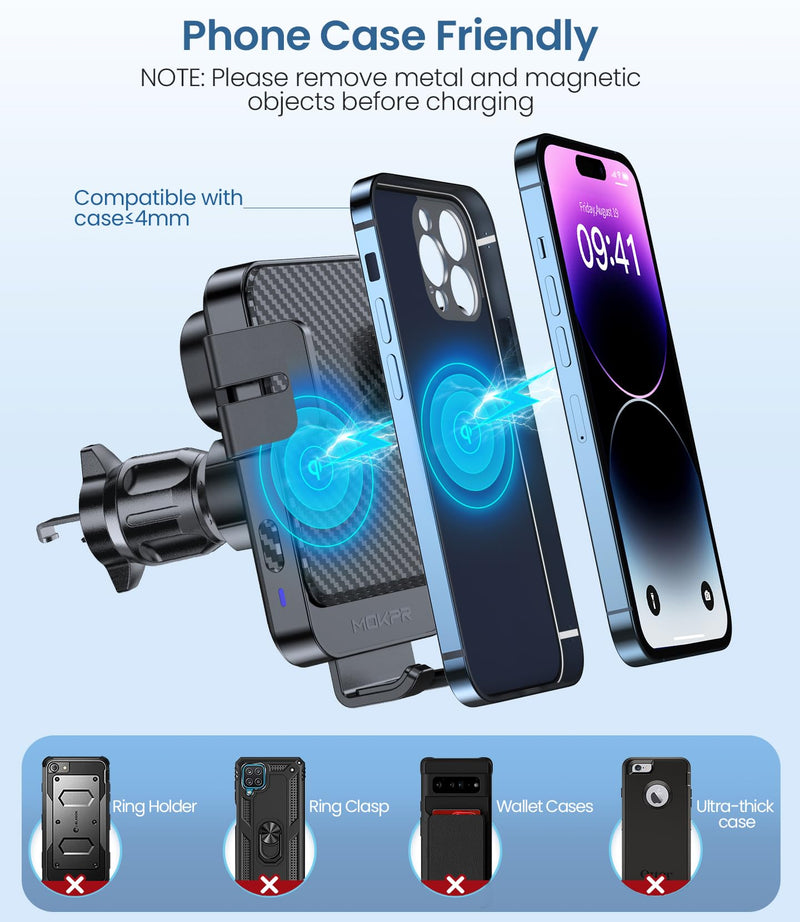 Wireless Car Charger 15W Fast Charging Dash Windshield Vent Car Mount | Auto-Clamping Universal Hands-Free Car Charger Compatible with iPhone 17/16 15/14/13/12, Samsung S24 S23/S22/S21,etc Light Black with qc 3.0